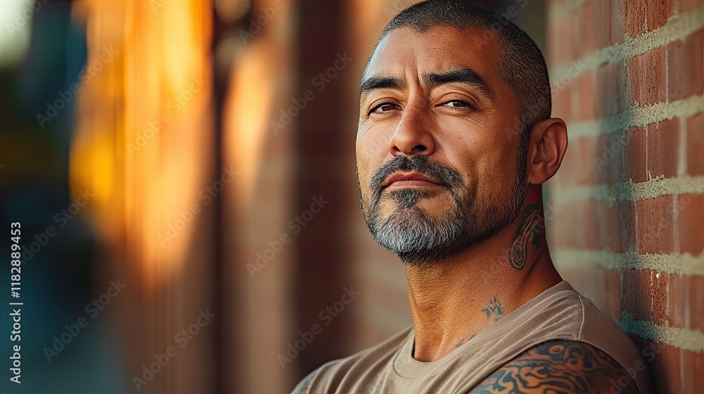 Man with tattoos stands confidently against a brick wall during golden hour lighting Man with tattoos stands confidently against a brick wall during golden hour lighting