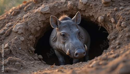Young Warthog Emerging from Burrow African Wildlife Closeup
