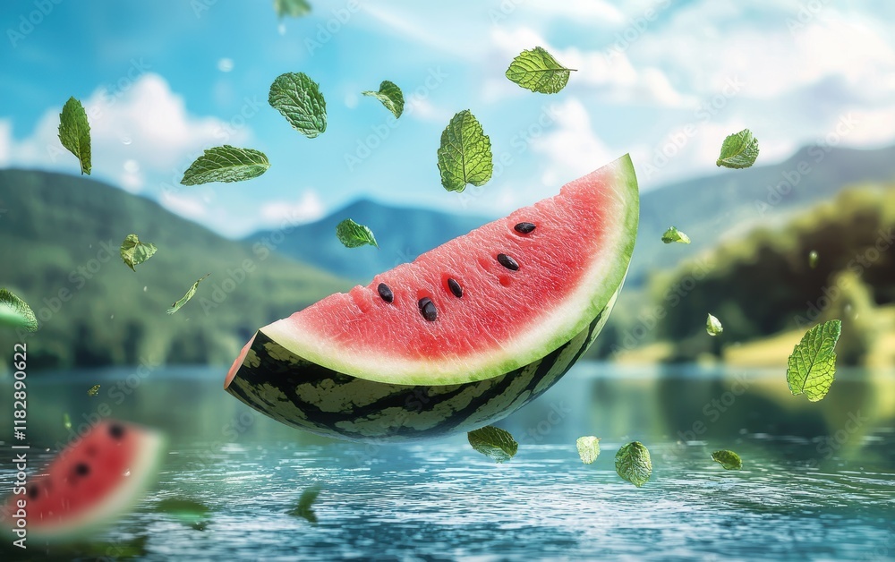 A juicy watermelon slice and mint leaves floating in mid-air with a natural lake in the background A juicy watermelon slice and mint leaves floating in mid-air with a natural lake in the background