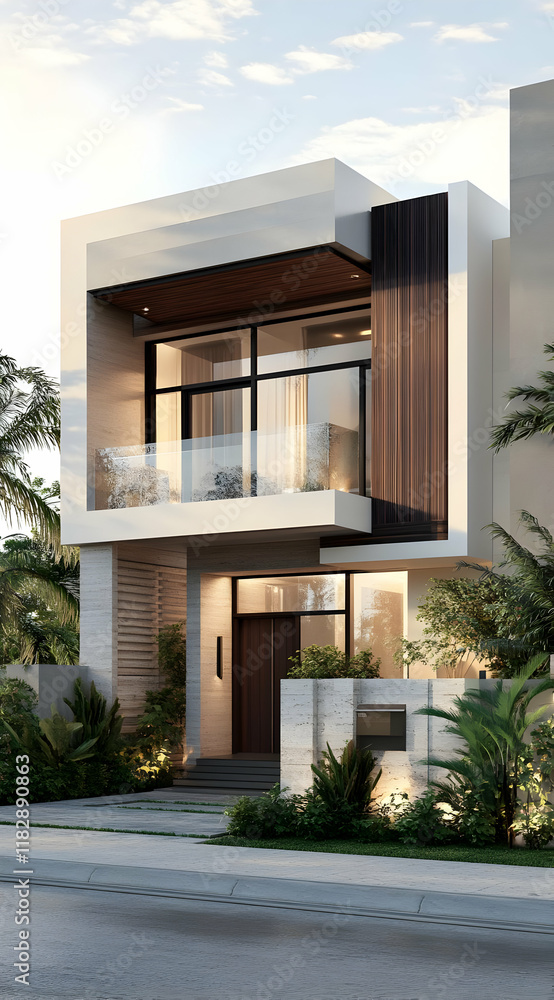 Modern residential house with sleek design and lush landscaping. Modern residential house with sleek design and lush landscaping.