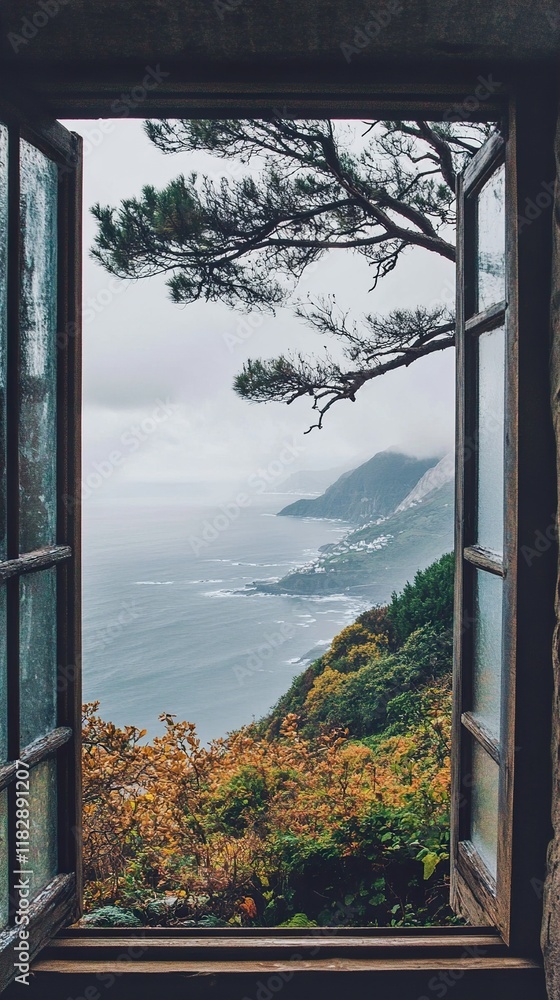 Coastal Landscape Seen Through a Rustic Window Coastal Landscape Seen Through a Rustic Window