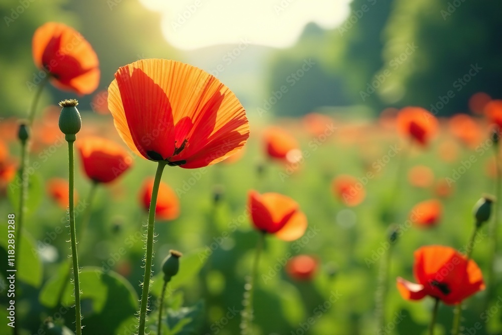 Fototapeta premium Delicate poppy blossoms swaying gently in the breeze, foliage, nature