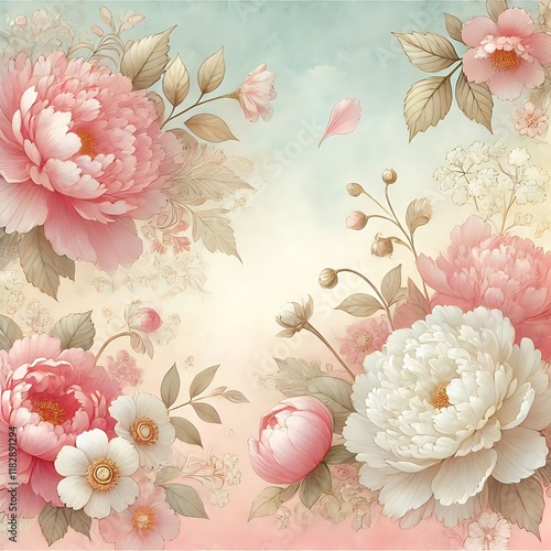 Whimsical pastel ombre background with soft pink and cream peony floral overlays