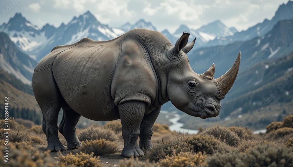 Fototapeta premium Majestic White Rhinoceros in Mountainous Landscape Wildlife Conservation