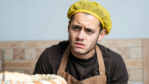 young baker man feeling sad and whiney with an unhappy look, crying with a negative and frustrated attitude photo