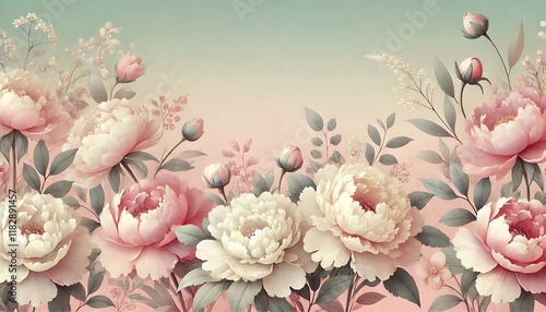 Whimsical pastel ombre background with soft pink and cream peony floral overlays