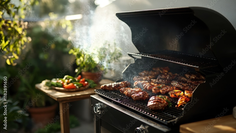 Sizzling Grilled Meats and Vegetables on a Barbecue Grill Surrounded by Lush Greenery and Smoke in a Backyard Setting Sizzling Grilled Meats and Vegetables on a Barbecue Grill Surrounded by Lush Greenery and Smoke in a Backyard Setting