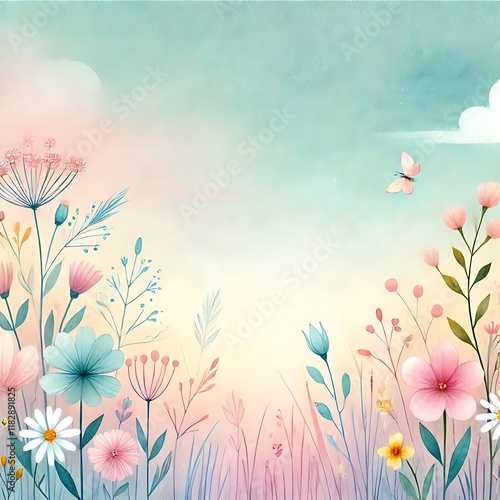 Whimsical pastel meadow background with wildflowers and a subtle watercolor sky gradient