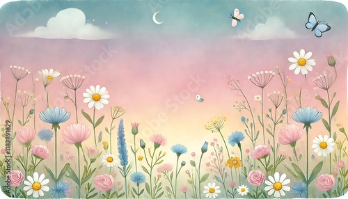 Whimsical pastel meadow background with wildflowers and a subtle watercolor sky gradient