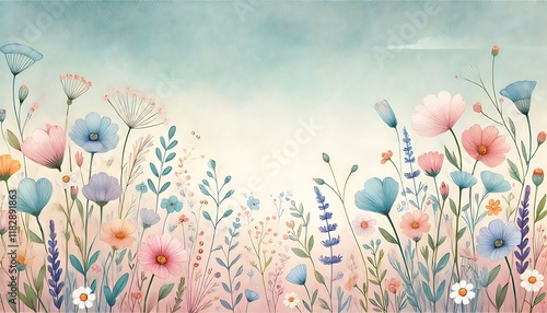 Whimsical pastel meadow background with wildflowers and a subtle watercolor sky gradient