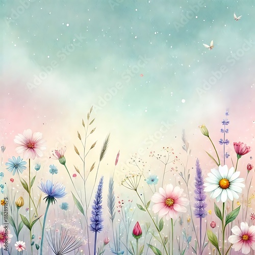 Whimsical pastel meadow background with wildflowers and a subtle watercolor sky gradient