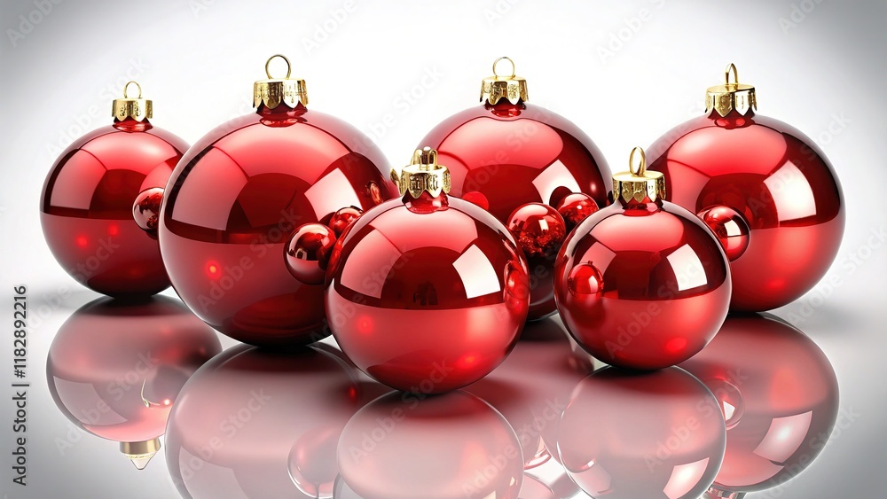Sparkling Red Christmas Ornaments, Festive Holiday Decorations, Christmas Baubles on White Background Sparkling Red Christmas Ornaments, Festive Holiday Decorations, Christmas Baubles on White Background