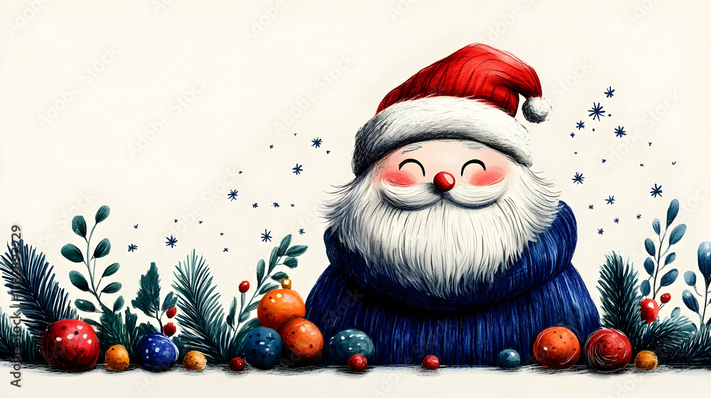 Smiling Festive Figure with Ornaments and Greenery Creates a Cheerful Holiday Scene Smiling Festive Figure with Ornaments and Greenery Creates a Cheerful Holiday Scene