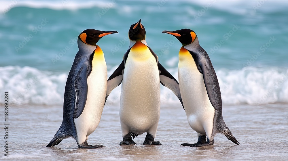 Fototapeta premium Three penguins huddle together on a sandy beach near the ocean during a sunny day