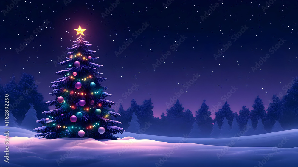 Decorated Christmas Tree Stands in a Snowy Forest Under a Starry Night Sky Decorated Christmas Tree Stands in a Snowy Forest Under a Starry Night Sky