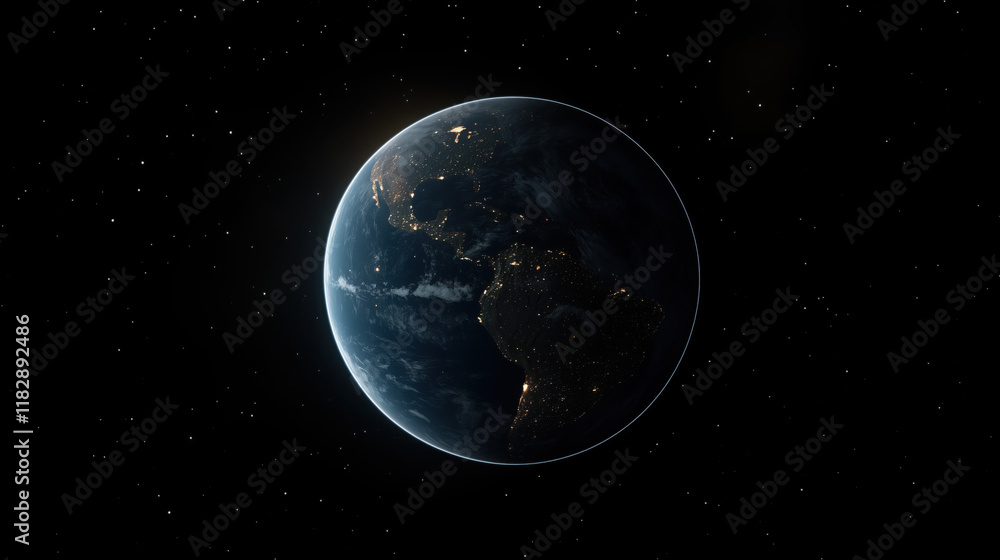 Obraz premium Earth Illuminated at Night, with Visible Lights from Bustling Cities, Contrasting with the Dark Shadows of the Uninhabited Regions on the Planet's Surface