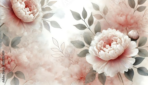 Ethereal blush and ivory watercolor background with translucent peony floral overlays
