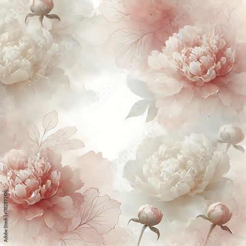Ethereal blush and ivory watercolor background with translucent peony floral overlays