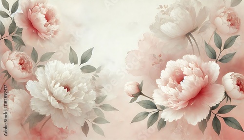 Ethereal blush and ivory watercolor background with translucent peony floral overlays