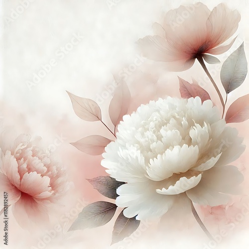 Ethereal blush and ivory watercolor background with translucent peony floral overlays