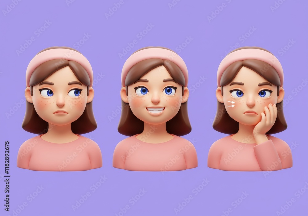 3D Animated Female Character Showing Different Facial Reactions on Purple Background 3D Animated Female Character Showing Different Facial Reactions on Purple Background