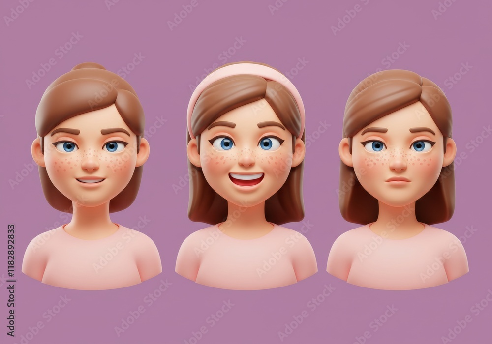 3D Cartoon Girl with Cheerful, Neutral, and Blushed Expressions on Pink Background