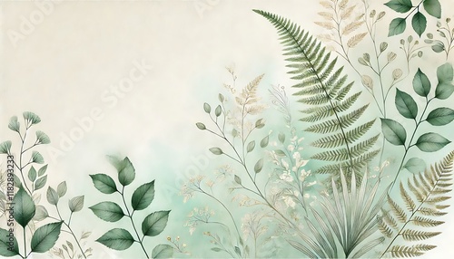 Serene watercolor botanical background in soft mint green and cream tones with fern details