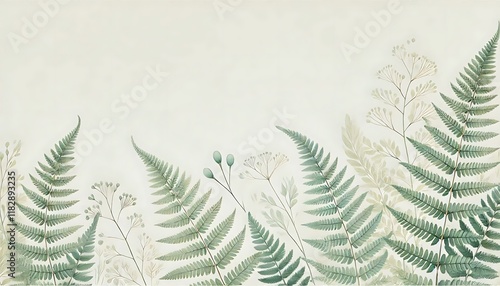 Serene watercolor botanical background in soft mint green and cream tones with fern details