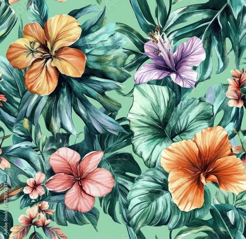 Wallpaper Mural Seamless Tropical Botanical Pattern Watercolor Design with Exotic Leaves and Flowers Torontodigital.ca