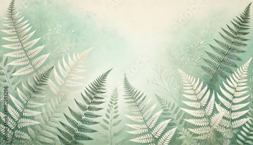 Serene watercolor botanical background in soft mint green and cream tones with fern details