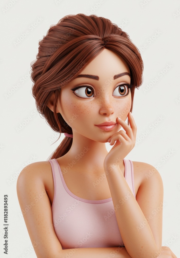 3D Realistic Cartoon Girl with Freckles and Pensive Expression on White Background 3D Realistic Cartoon Girl with Freckles and Pensive Expression on White Background