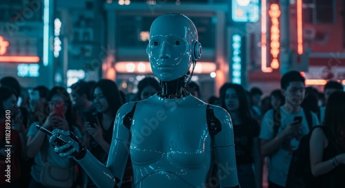 Wallpaper Mural Futuristic Humanoid Robot Interacting in a Busy Neon-Lit Urban Cityscape Torontodigital.ca