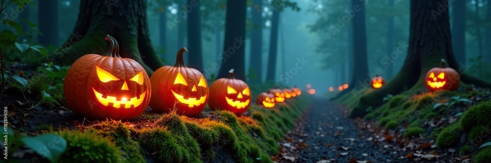 Jack o lanterns scattered on a moss-covered grave in the forest, gloomy evening scenes, glowing pumpkins Jack o lanterns scattered on a moss-covered grave in the forest, gloomy evening scenes, glowing pumpkins