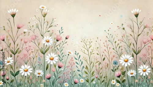 Whimsical watercolor meadow in pastel tones with daisies and tiny pink blossoms
