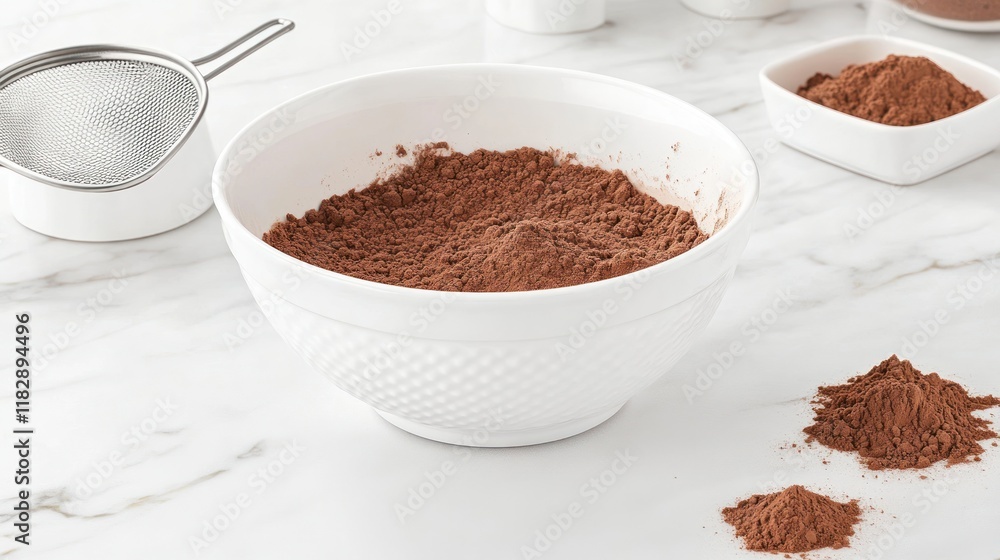 A ceramic bowl filled with cocoa powder, with a small sieve and a pinch of cocoa dust on the counter A ceramic bowl filled with cocoa powder, with a small sieve and a pinch of cocoa dust on the counter