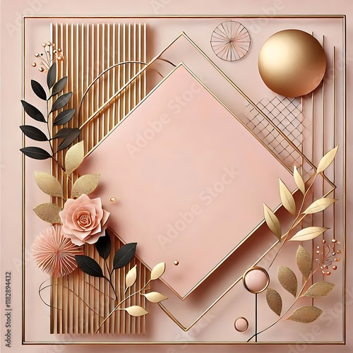 Modern geometric blush pink background with sleek golden floral accents and clean lines