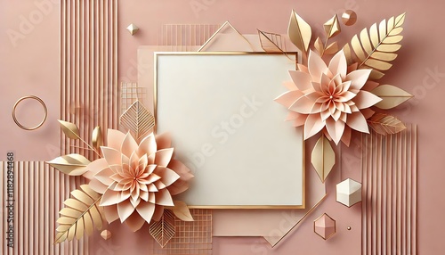 Modern geometric blush pink background with sleek golden floral accents and clean lines