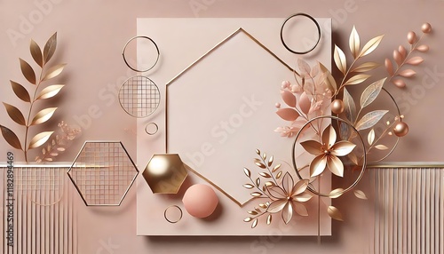 Modern geometric blush pink background with sleek golden floral accents and clean lines