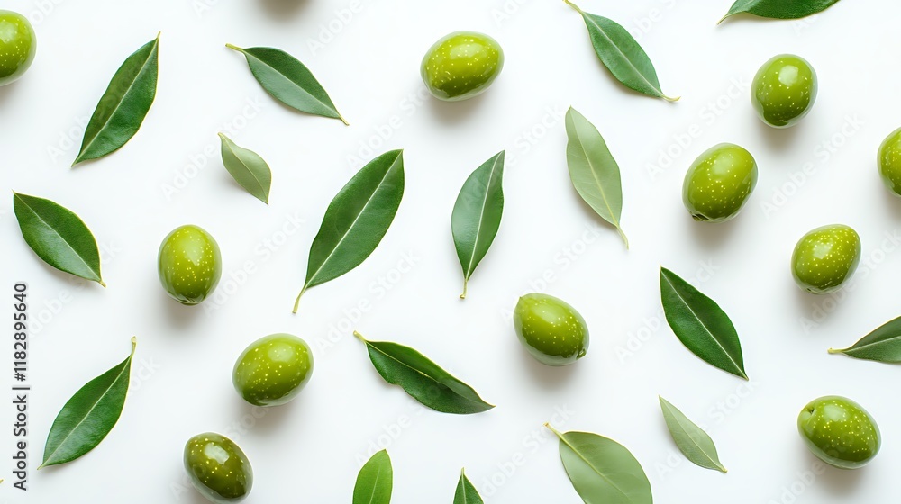 Green Olives and Leaves Pattern: A Fresh and Vibrant Composition Green Olives and Leaves Pattern: A Fresh and Vibrant Composition
