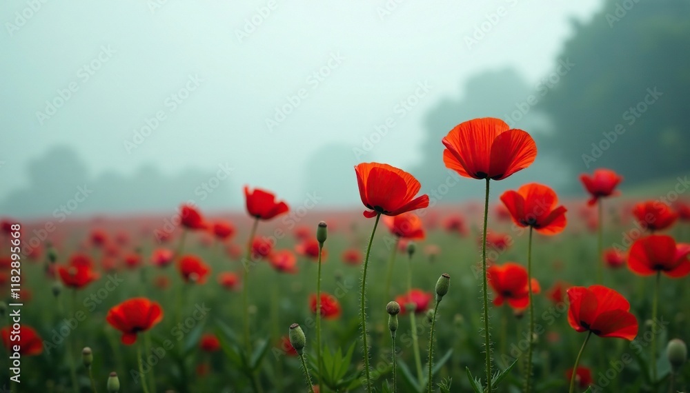 Fototapeta premium Red poppies in a field with a foggy background, moody, natural