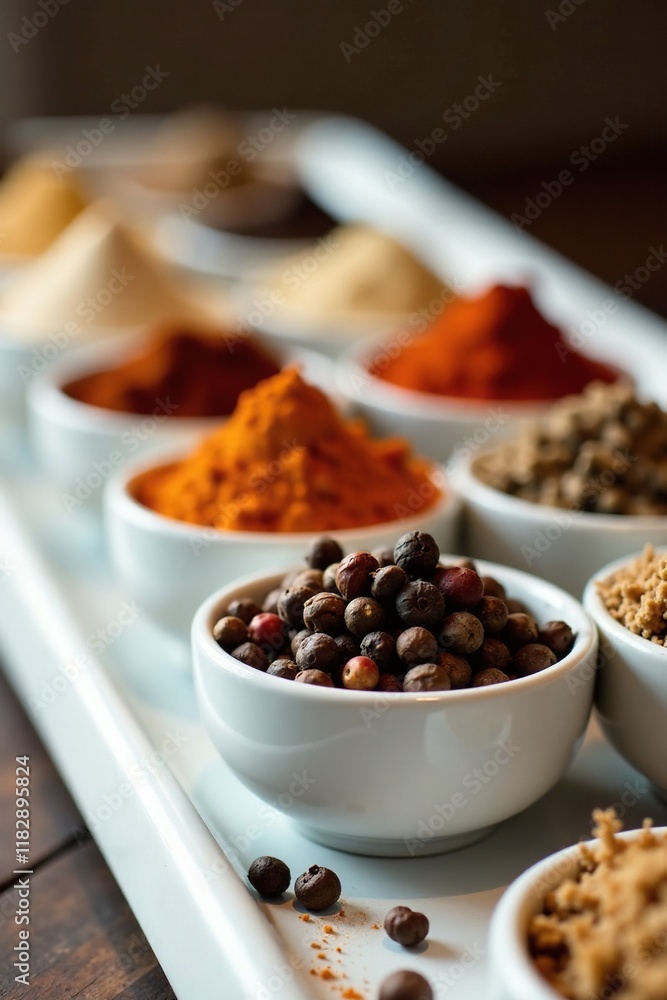 row of small white porcelain containers filled with peppercorns, spices, , powder row of small white porcelain containers filled with peppercorns, spices, , powder