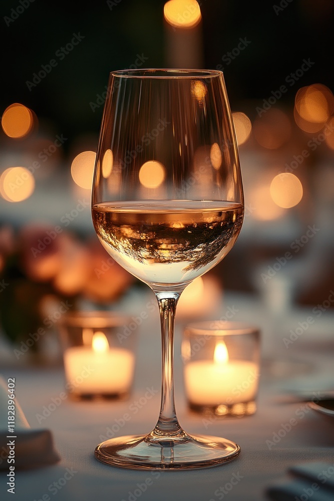 Elegant Wine Glass with Reflections on Beautifully Set Table for Fine Dining Celebration Elegant Wine Glass with Reflections on Beautifully Set Table for Fine Dining Celebration
