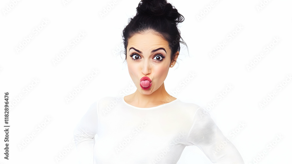 Playful Woman Sticks Out Her Tongue in a White Top on a White Backdrop