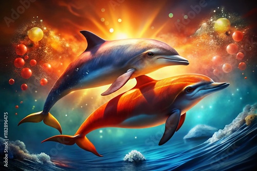 Fiery Dolphins in Ocean with Bokeh, Magical Underwater Scene, Fantasy Wildlife