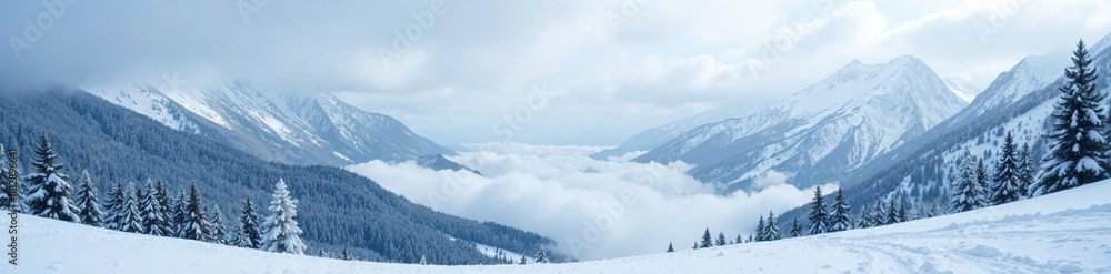 Snowy mountains with misty fog rolling in, covered in snowflakes, winter wonderland, wintery mountains, snow fall Snowy mountains with misty fog rolling in, covered in snowflakes, winter wonderland, wintery mountains, snow fall