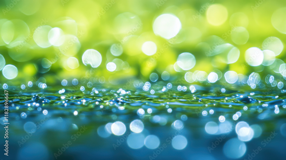 Obraz premium A microscopic view of vibrant green and blue bacteria-like structures, glowing softly under diffused ambient lighting, floating gracefully on a smooth