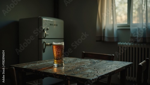 Warmly lit wood grain table set for a meal, placed cozily against a retro-style fridge photo