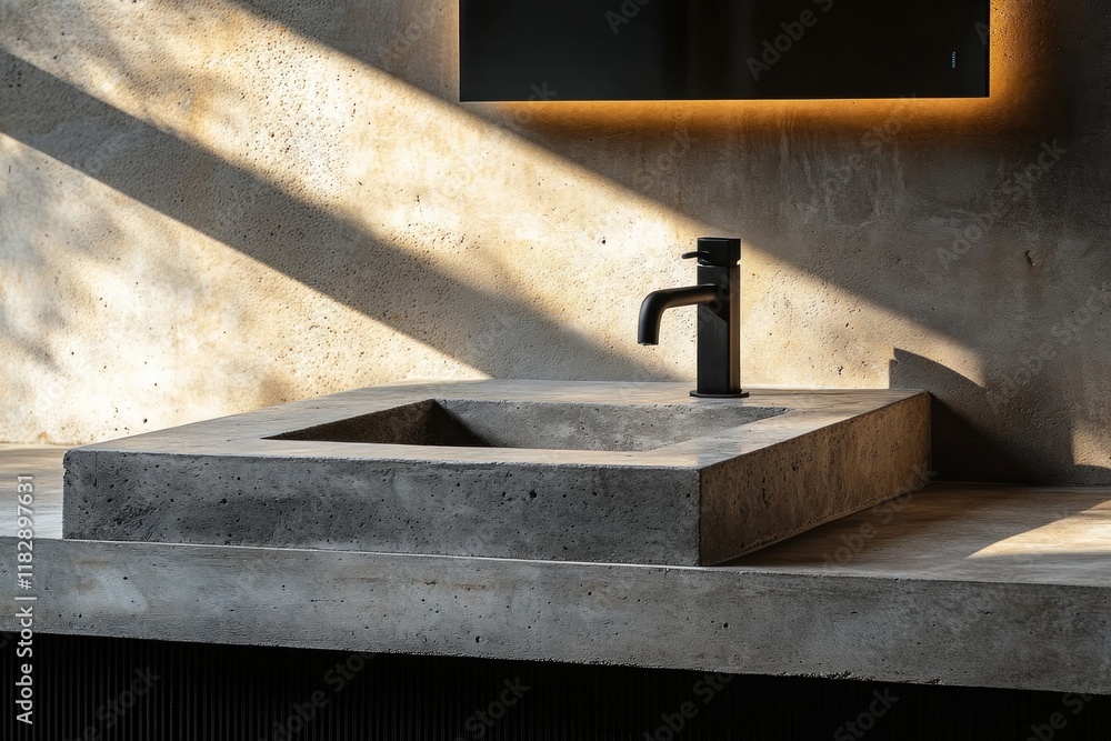 Minimalist Bathroom Sink Concrete Countertop Black Faucet Natural Lighting Minimalist Bathroom Sink Concrete Countertop Black Faucet Natural Lighting