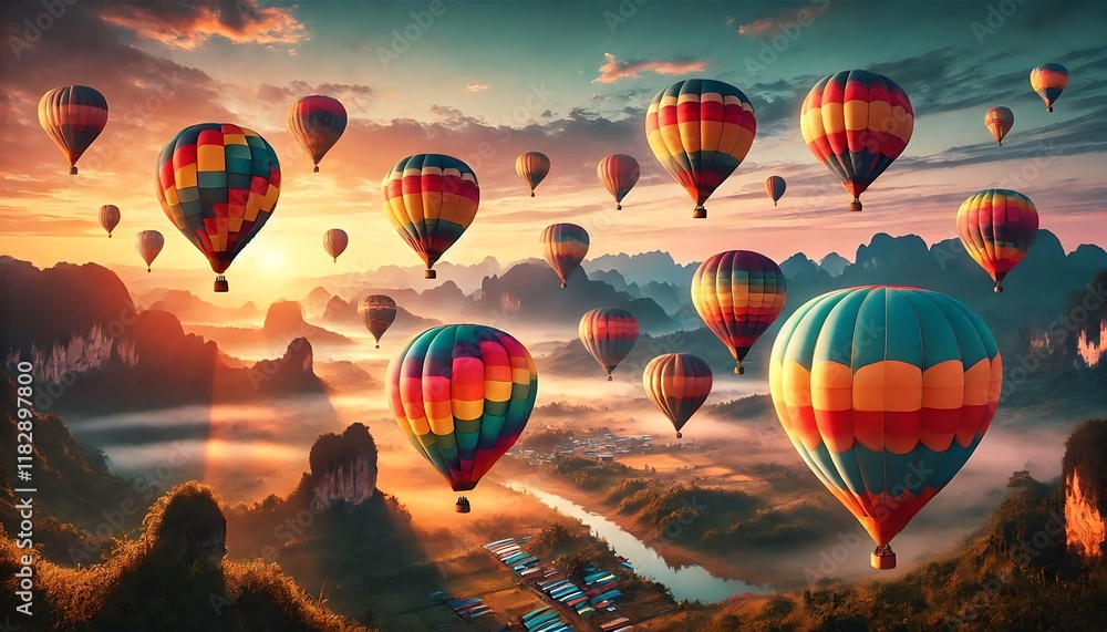 Obraz premium Colorful hot air balloons rising over a scenic landscape at sunrise.