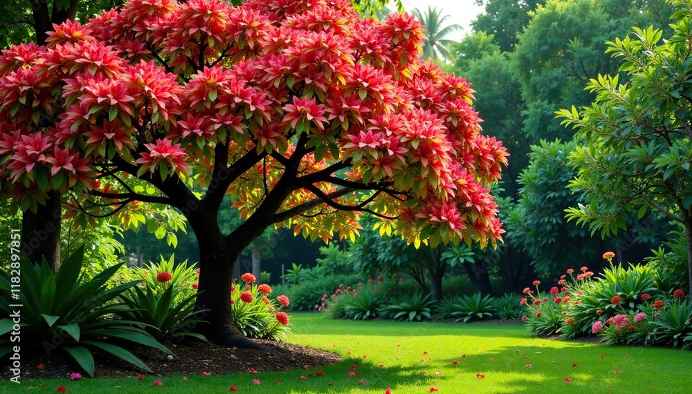 Naklejka premium Tropical almond tree in a garden with many colored leaves and flowers, foliage, trees